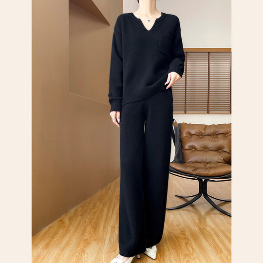 Damen gemütliches Strickensemble mit weitem Pullover und weiten Hosen EB