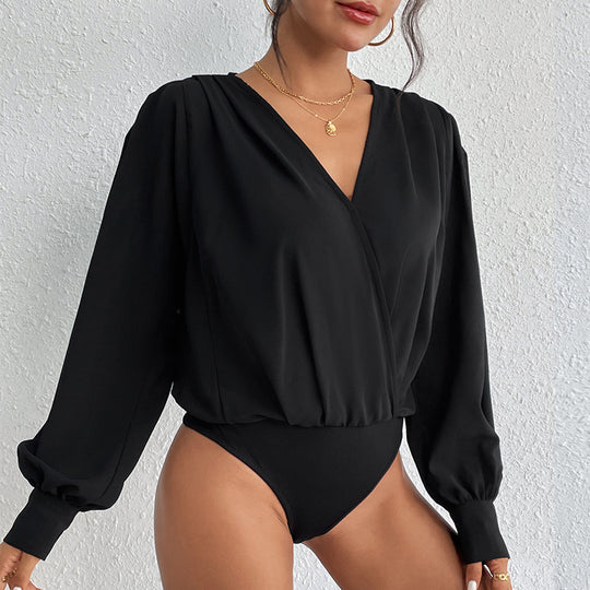 Damen Wickelbluse mit V-Ausschnitt, gepufften Schultern und elastischem Saum EB