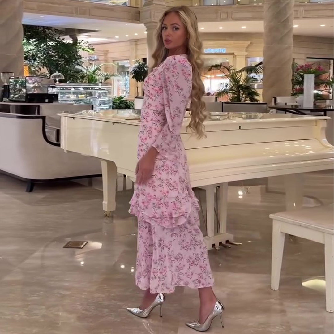 Damen Maxikleid mit floralem Design und hochgeschlossenem Ausschnitt EB