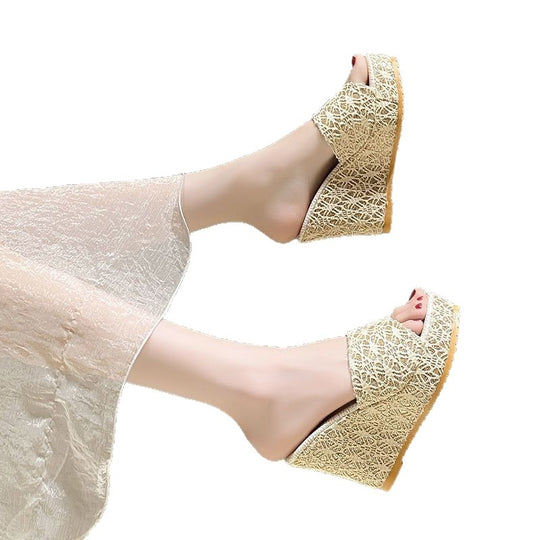 Damen Wedge-Pantoletten mit elegantem Glitzermuster und rutschfester Sohle EB