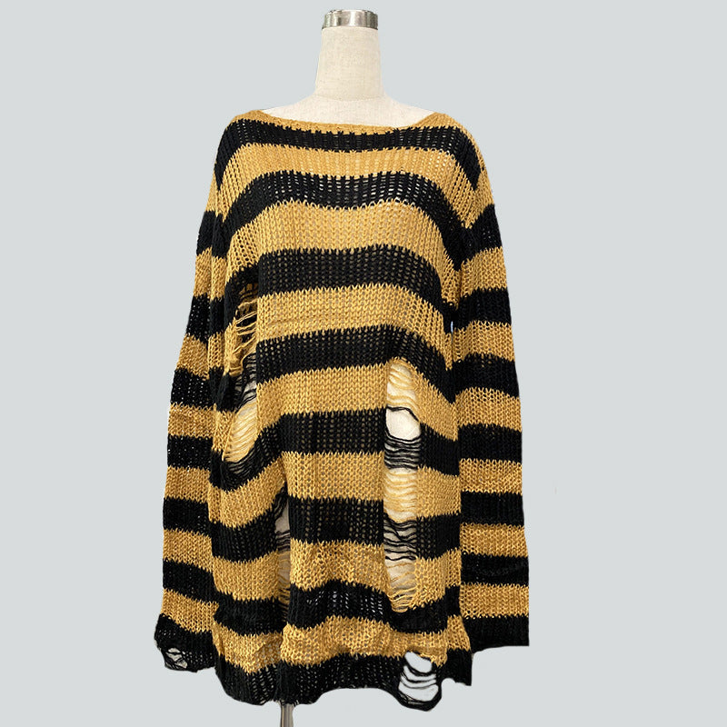 Damen nan Oversized Grobstrickpullover mit breiten Blockstreifen und aufgerissenem Design EB