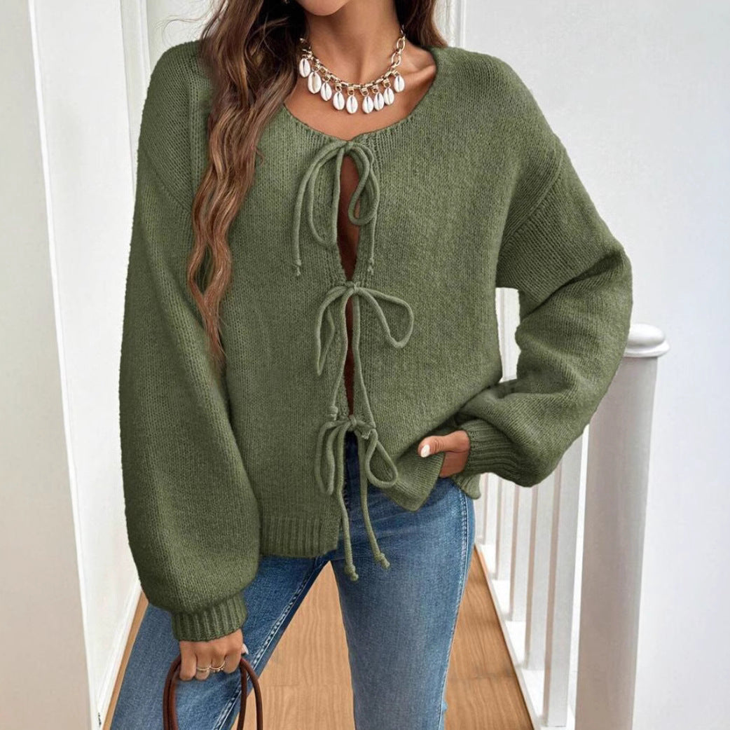 Damen Kurzcardigan mit Bindebändern, Oversize‑Silhouette und Ballonärmeln EB