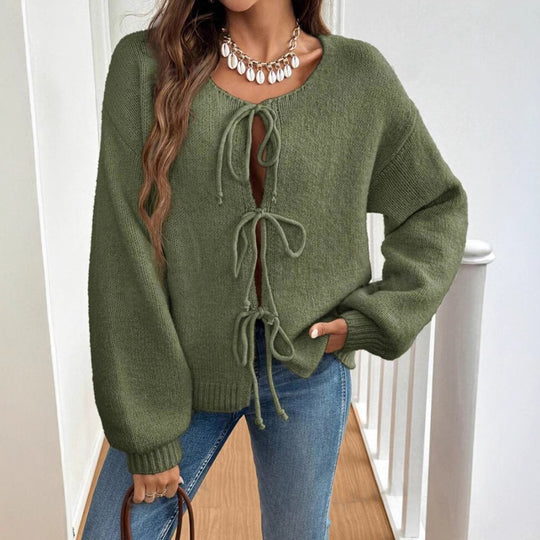 Damen Kurzcardigan mit Bindebändern, Oversize‑Silhouette und Ballonärmeln EB