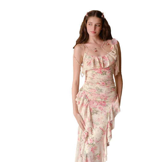 Damen Elegantes Fließendes Abendkleid mit Rüschendetails EB