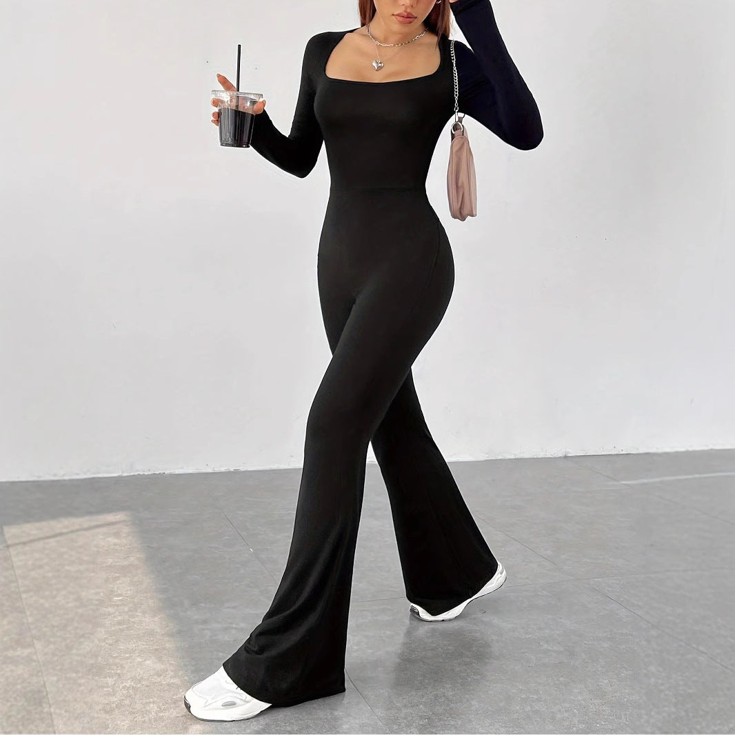 Damen Eleganter Jumpsuit mit weitem Bein und langen Ärmeln EB
