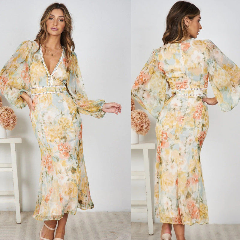 Damen Maxikleid mit ballonärmel und floralem Muster EB