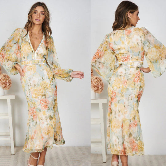 Damen Maxikleid mit ballonärmel und floralem Muster EB