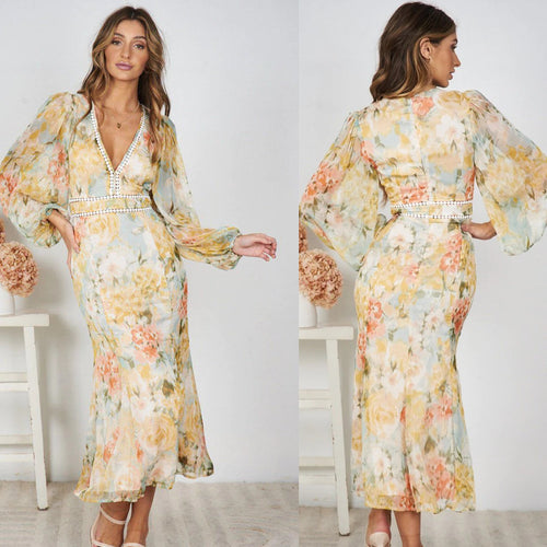 Damen Maxikleid mit ballonärmel und floralem Muster EB