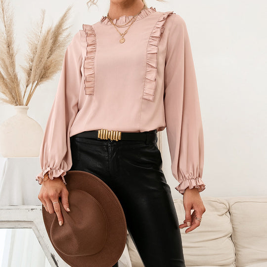 Damen elegante Bluse mit Rüschendetails und lockeren Ärmeln EB