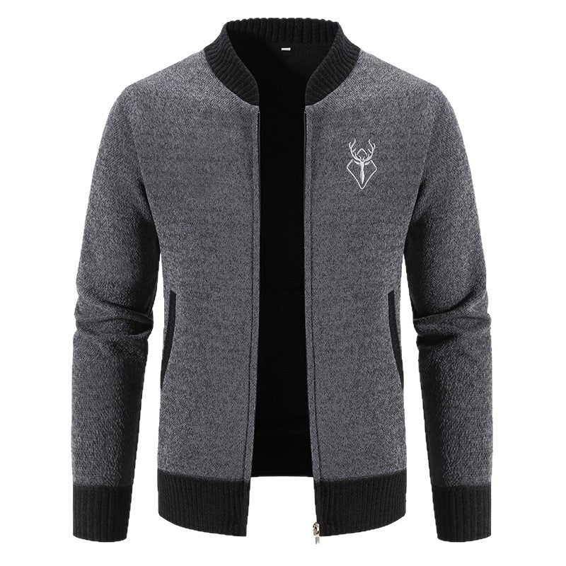 Herren nan strukturierte Strick-Bomberjacke mit Rippsäumen und gesticktem Hirschemblem EB
