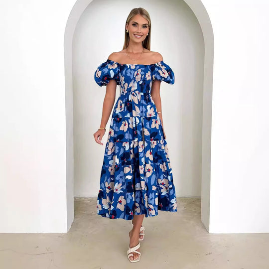 Damen Maxikleid mit Puffärmeln und floralem Smocking EB
