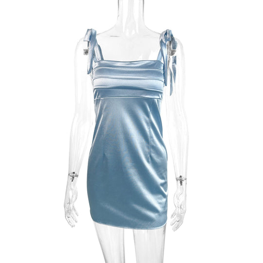 Damen Zart glänzendes Minikleid mit raffinierten Schleifen-Trägern EB