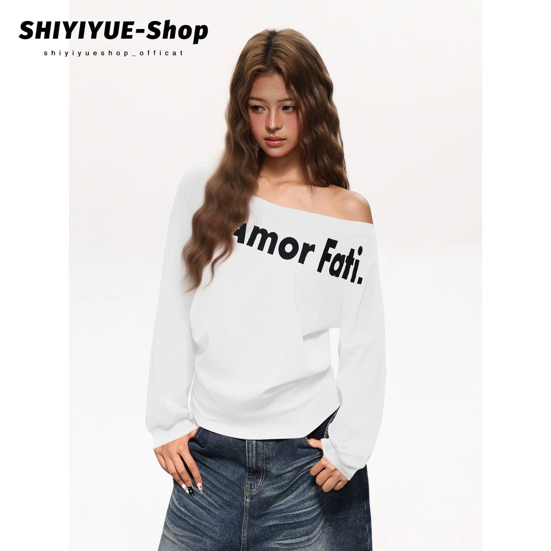 Damen nan asymmetrisches Sweatshirt mit überschnittenem Ausschnitt, diagonalem typografischem Print und ballonartigen Ärmeln EB