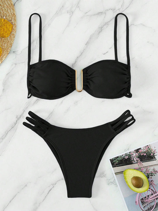 Damen Bandeau-Bikini mit dekorativem Ringdetail EB