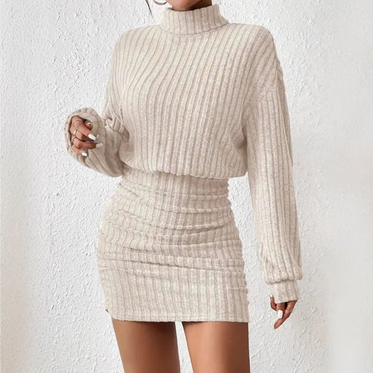 Damen Strickkleid mit hohem Kragen und Rippstruktur EB