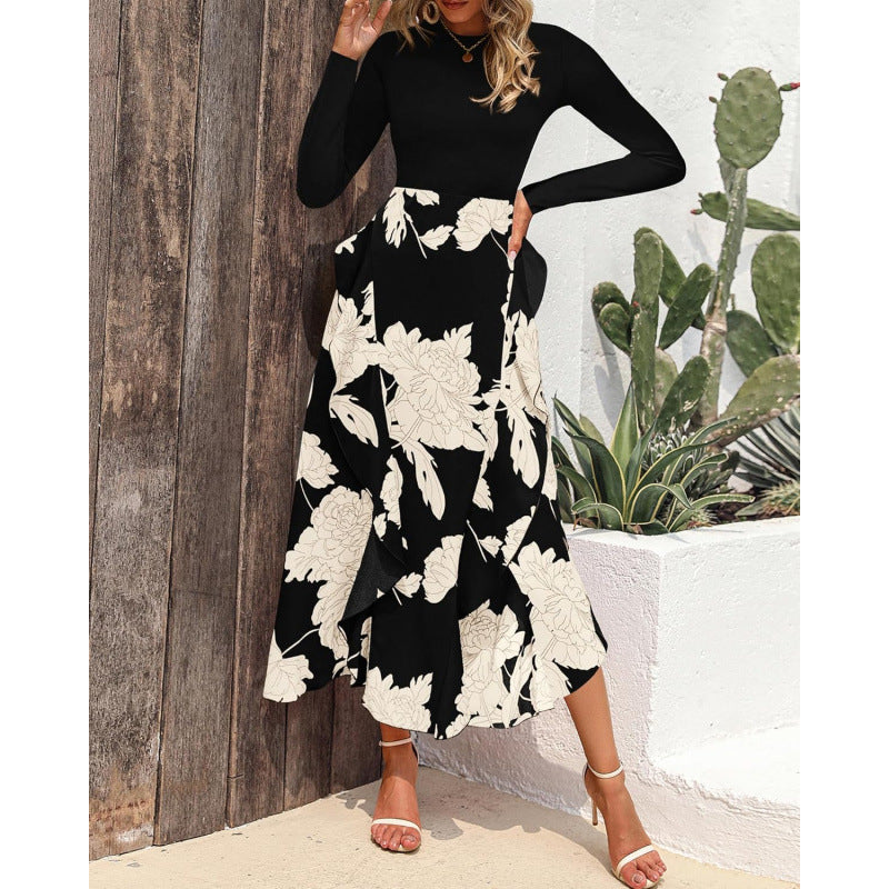 Damen Elegantes Maxikleid mit floralem Volant und langem Arm EB