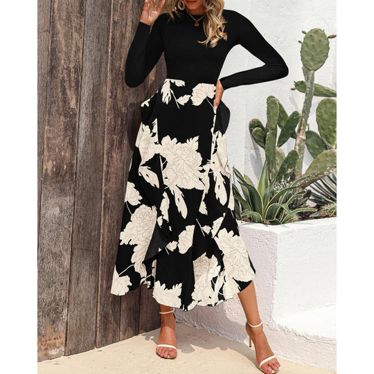Damen Elegantes Maxikleid mit floralem Volant und langem Arm EB