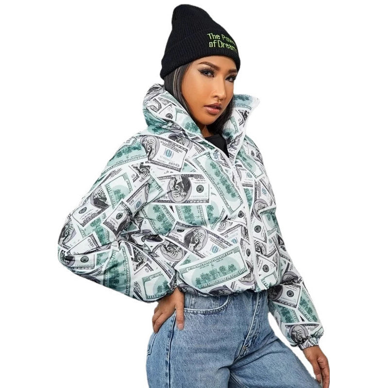 Damen modische cropped Steppjacke im Dollar-Design EB