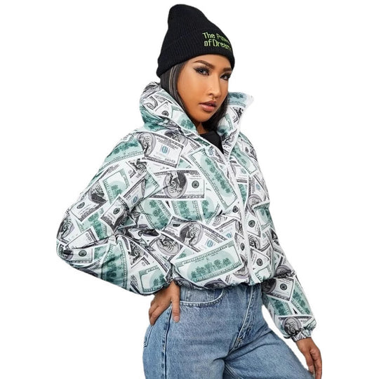 Damen modische cropped Steppjacke im Dollar-Design EB