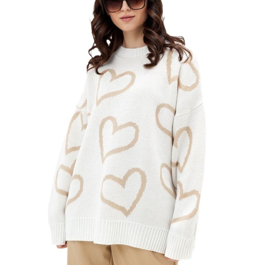 Damen lässiger Strickpullover mit Herzdesign und oversized Passform EB