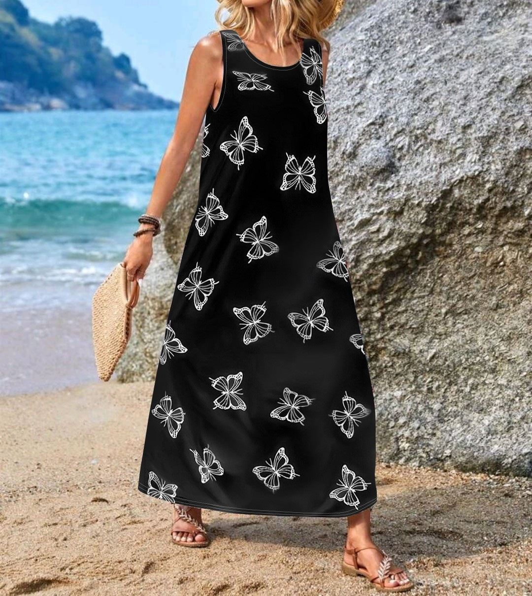 Damen Maxikleid mit einzigartigen Schmetterlingsdruck EB