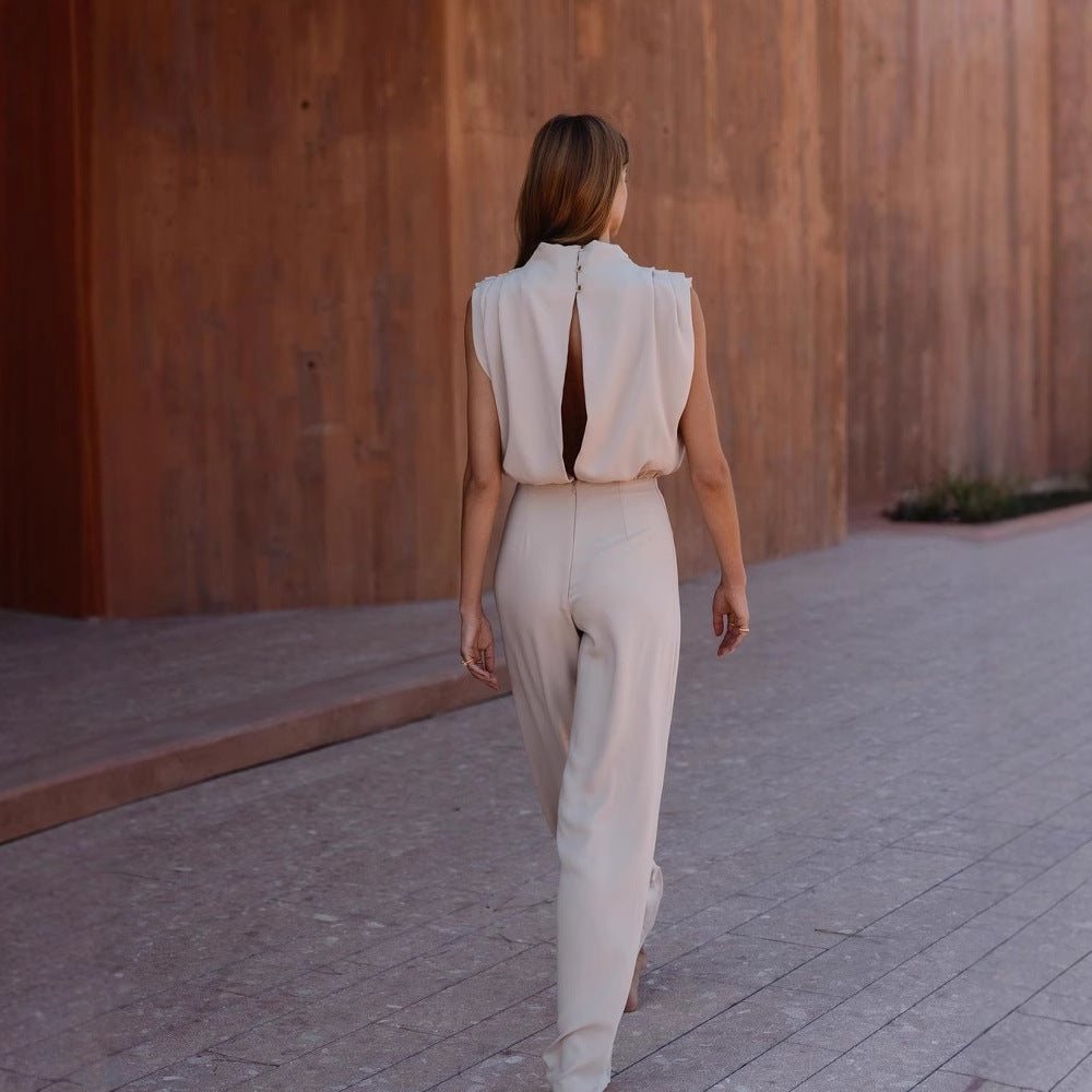Damen Eleganter Jumpsuit mit hochgeschlossenem Kragen und weiten Beinen EB