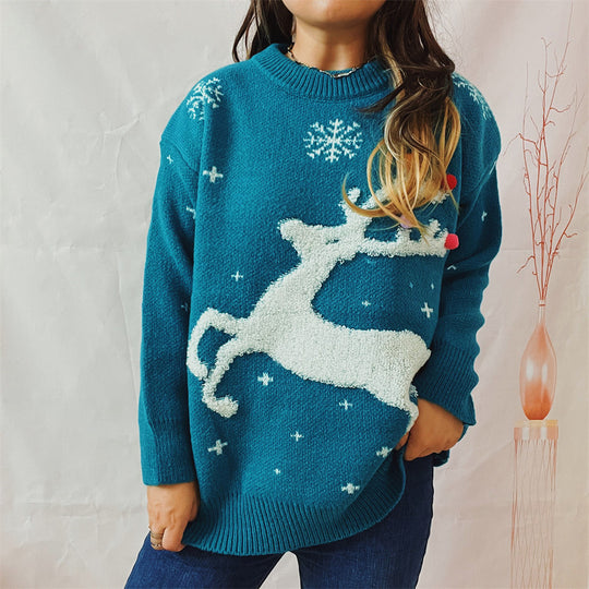 Damen festlicher Pullover mit kreativem Rentier-Motiv und strukturiertem Strick EB