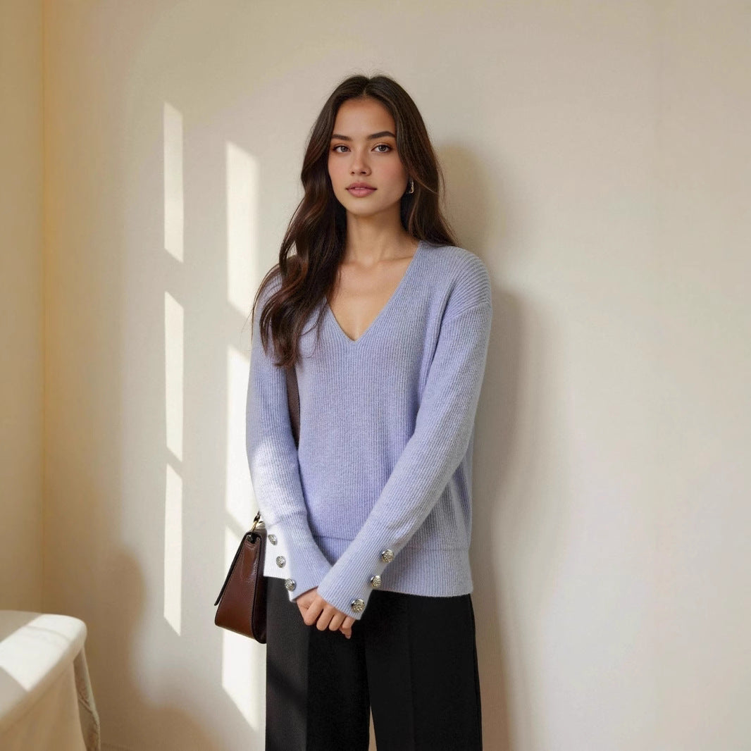 Damen V-Ausschnitt Strickpullover mit dekorativen Knöpfen EB