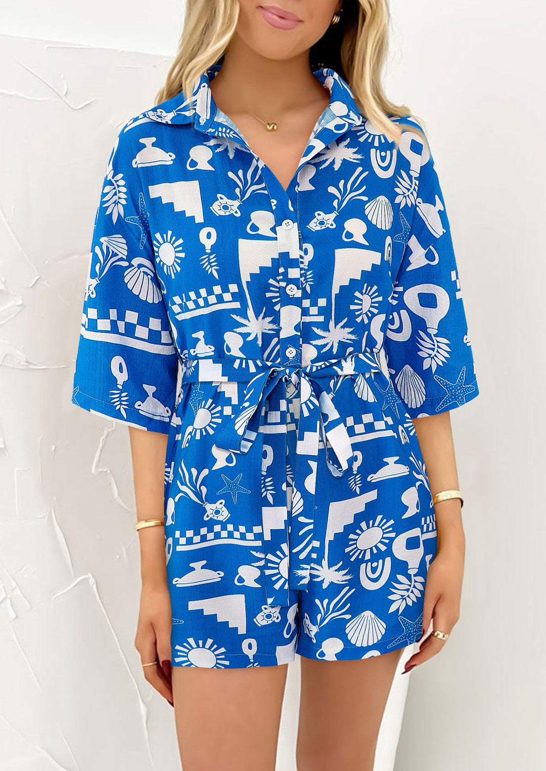 Damen Leichte Kurzarm-Bluse mit Bindegürtel EB