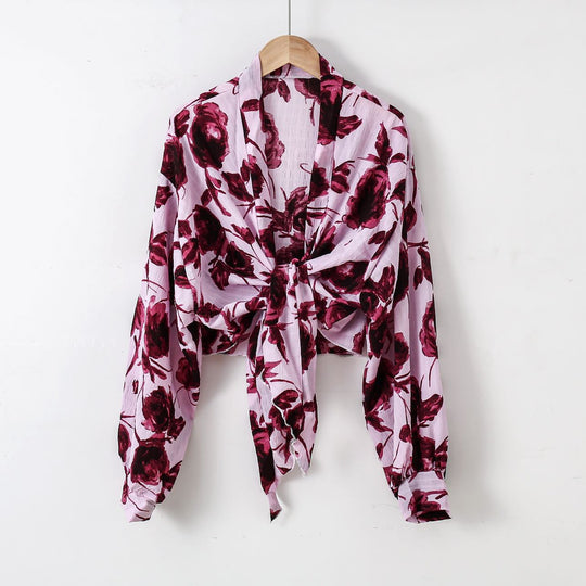 Damen nan florale Knoten-Bluse im Wickelstil mit Ballonärmeln und leichter Leinenoptik EB