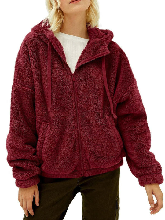 Damen Flauschige Fleecejacke mit Kapuze und Eingrifftaschen EB