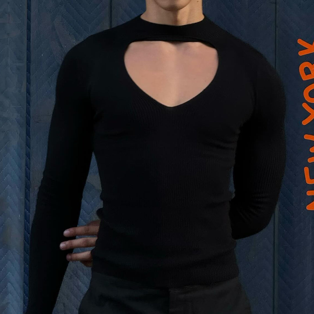 Damen nan figurbetontes Langarm-Top mit Cut-Out und Stehkragen EB