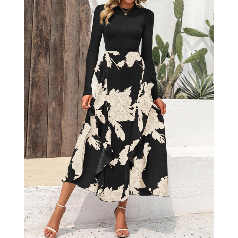 Damen Elegantes Maxikleid mit floralem Volant und langem Arm EB