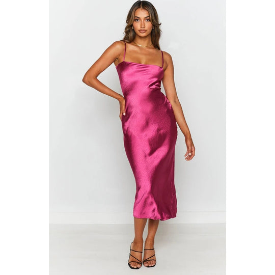 Damen Satin-Midikleid mit schmalen Spaghettiträgern und elegantem Schnitt EB