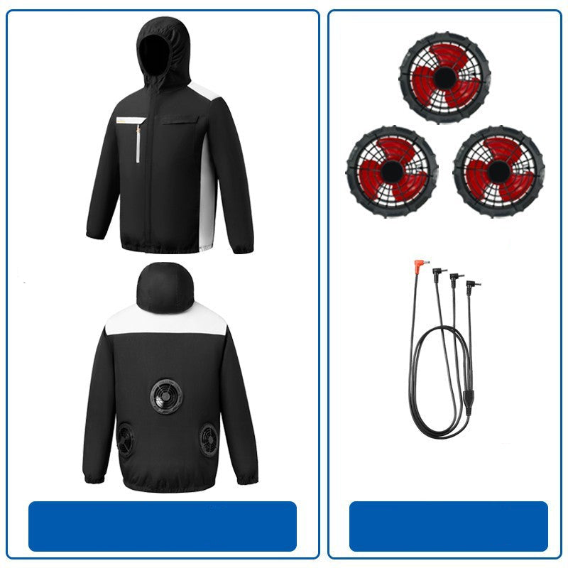 Herren nan belüftete Kühljacke mit mehreren integrierten USB-Lüftern, verstellbarer Kapuze und winddichtem Material EB