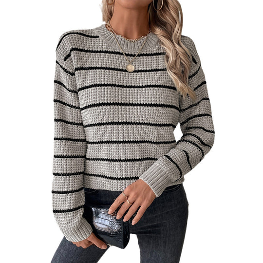 Damen lässiger Strickpullover mit breitem Streifenmuster EB