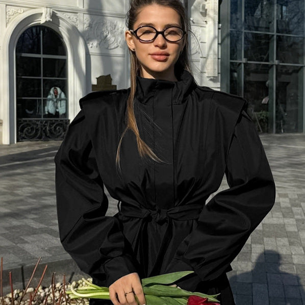 Damen elegante Utility-Jacke mit hochgeschlossenem Kragen und Taillengürtel EB
