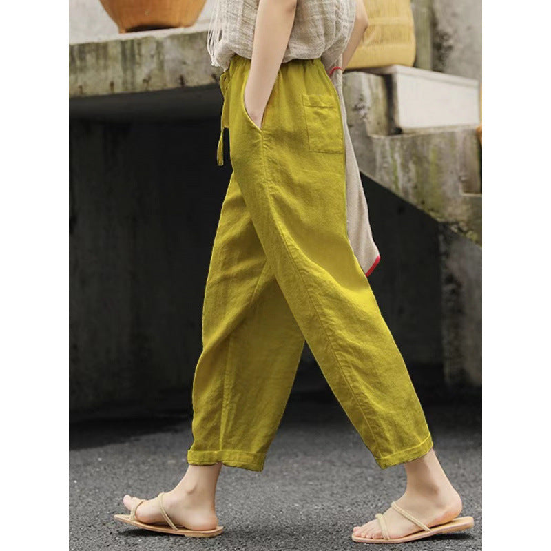 Damen lässige Leinenhose mit elastischem Bund und seitlichen Taschen EB