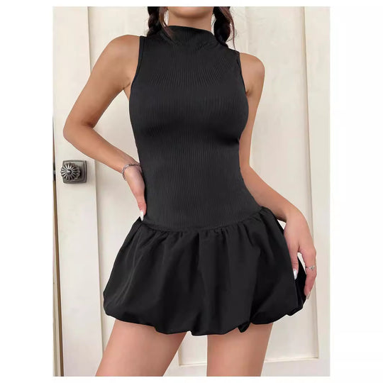 Damen trendiges Mini-Kleid mit hohem Kragen und voluminösem Rock EB