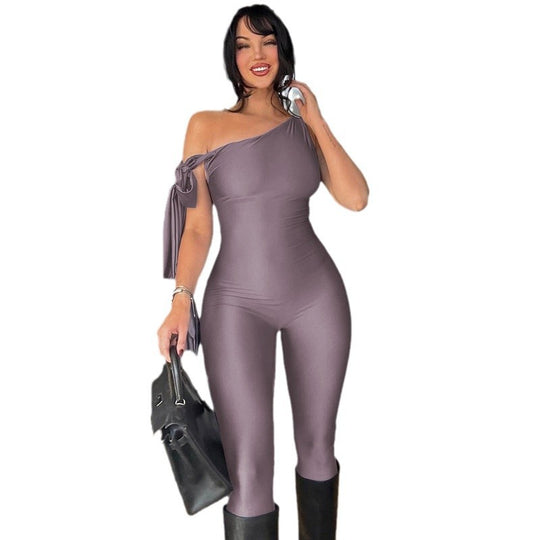 Damen eleganter Ein-Schulter-Jumpsuit mit figurbetontem Schnitt und stilvollem Knoten EB