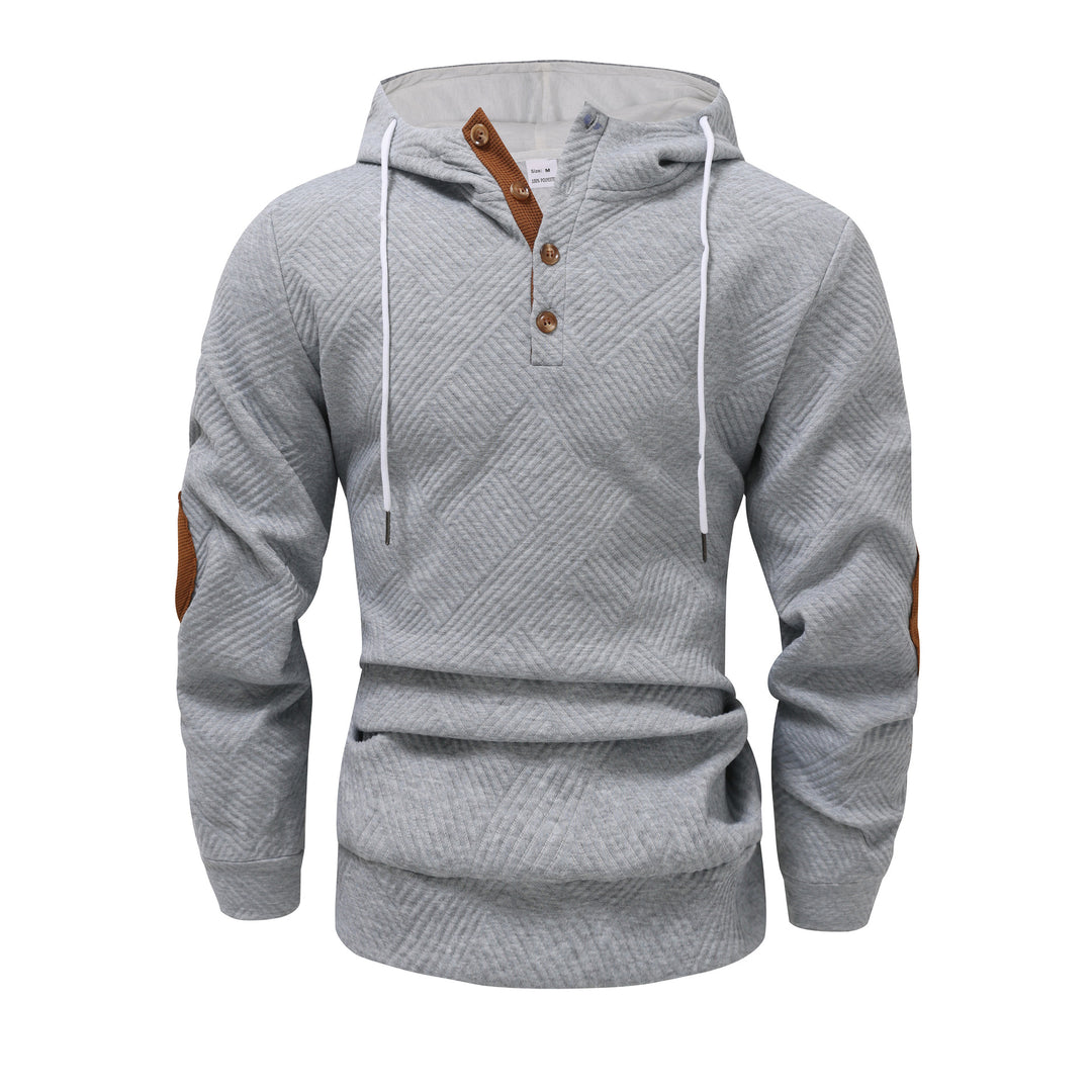 Herren nan strukturierter Kapuzenpullover im Henley-Stil mit Kontrastbesatz und Ellenbogenaufnähern EB