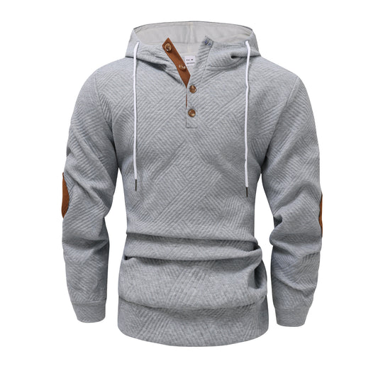 Herren nan strukturierter Kapuzenpullover im Henley-Stil mit Kontrastbesatz und Ellenbogenaufnähern EB