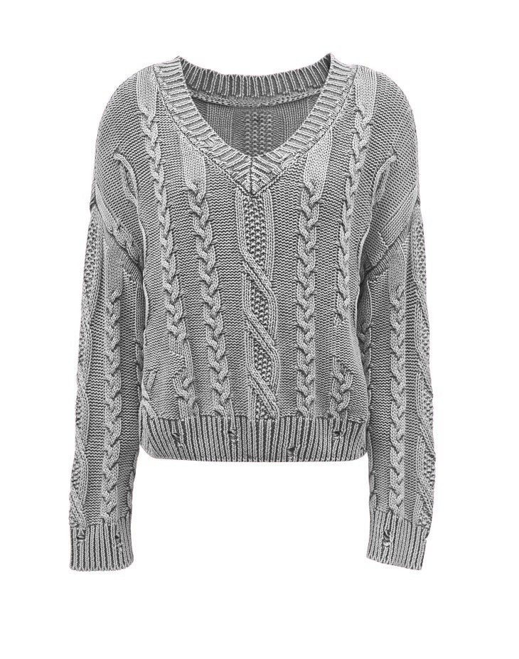 Damen Grob gestrickter Pullover mit V-Ausschnitt und voluminösen Ärmeln EB