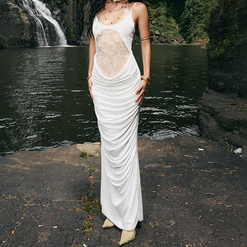 Damen Elegantes langes Kleid mit transparentem Spitzenbesatz und raffinierten Drapierungen EB