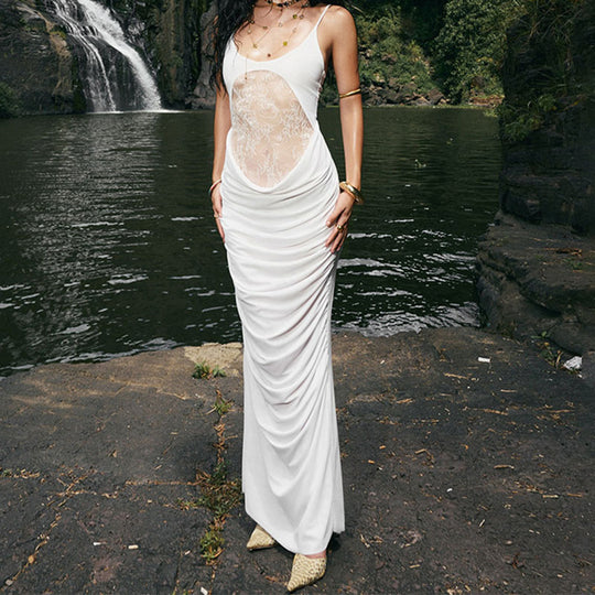 Damen Elegantes langes Kleid mit transparentem Spitzenbesatz und raffinierten Drapierungen EB