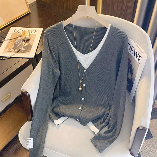 Damen lässige Strickjacke mit feiner Rippstruktur und tiefem V-Ausschnitt EB