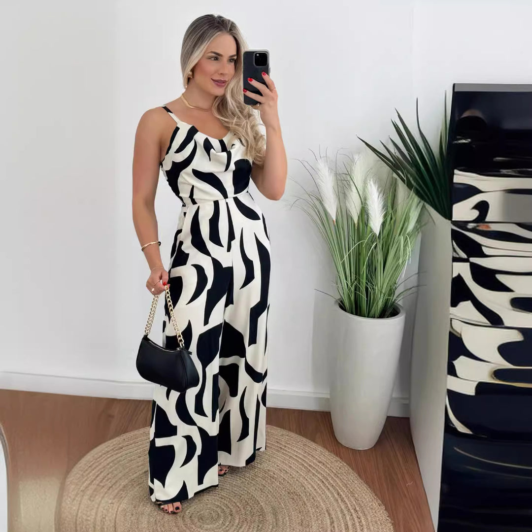 Damen Jumpsuit mit elegantem Wasserfall-Ausschnitt und weitem Bein EB
