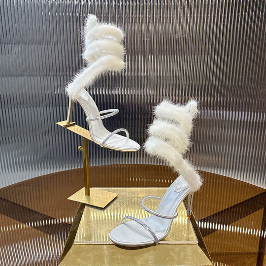 Damen Elegante Hochwertige Sandalen mit funkelnden Riemen und luxuriösem Kunstfell EB