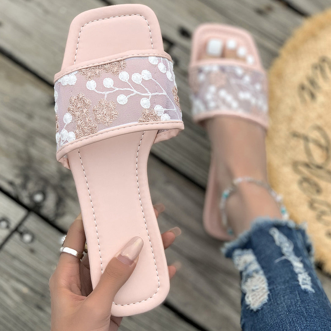 Damen elegante Pantoletten mit floralem Spitzen-Design und weich gepolsterter Sohle EB