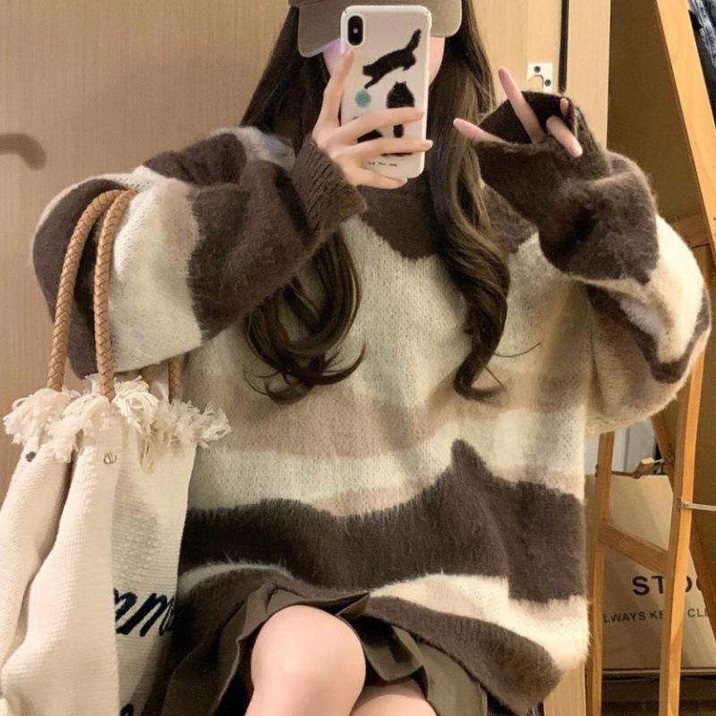 Damen Grobstrickpullover mit modischem Streifenmuster und lässigem Schnitt EB